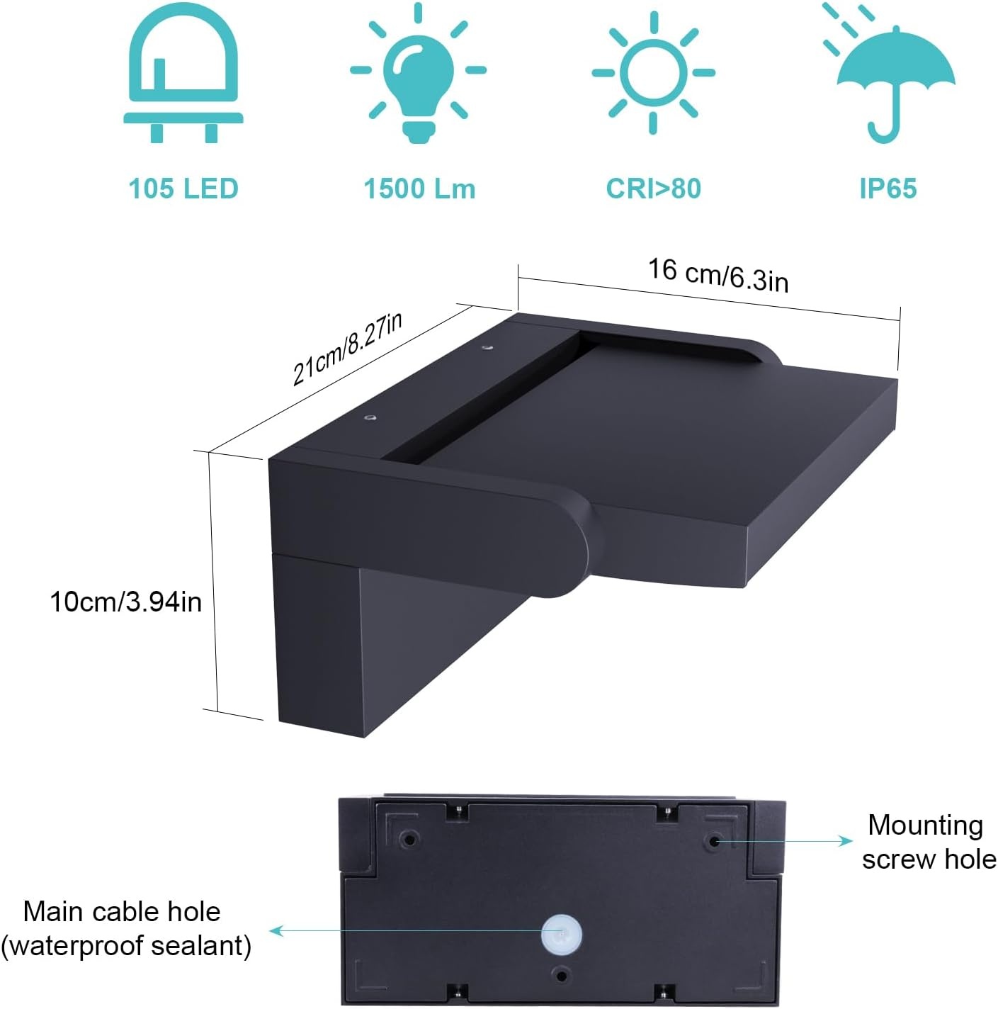 Klighten 24 W led-wandlamp voor buiten, binnen, draaibaar, IP65 waterdicht, modern, verstelbare wandlamp voor tuin, ingang, terras, antraciet, 1500 lm, warm wit, 3000 K