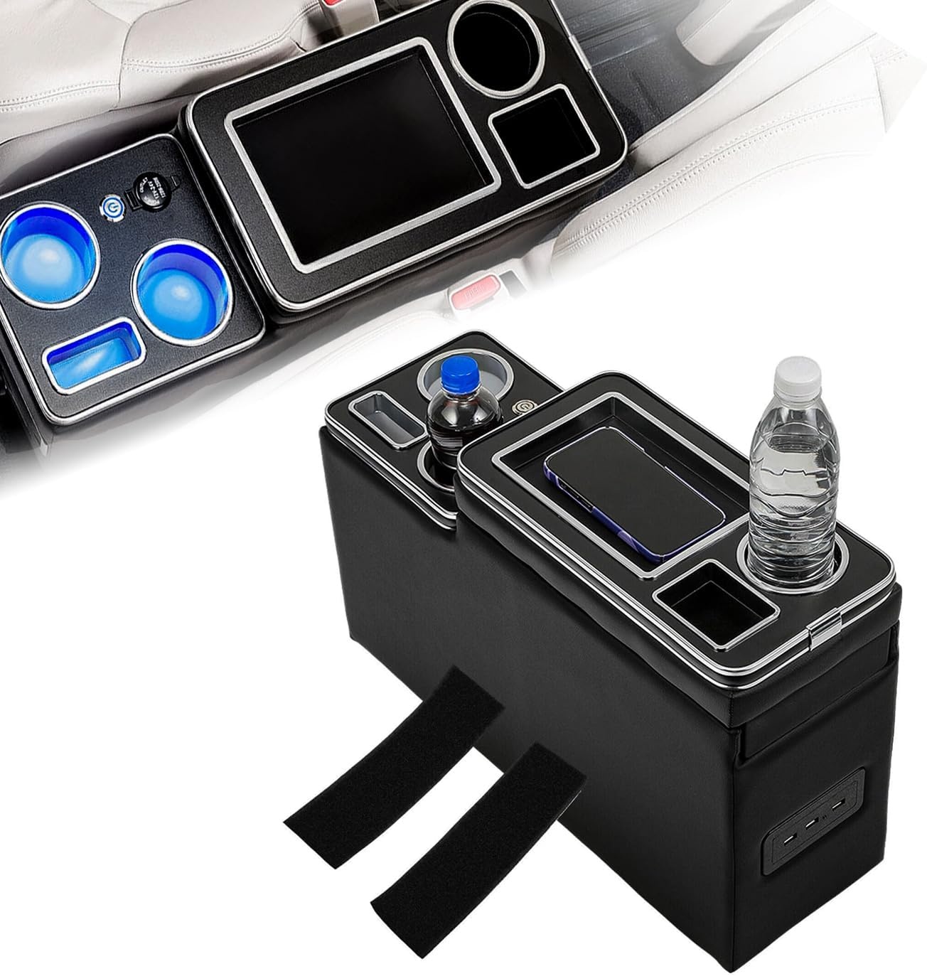 GEARMONSTER Middenconsole met opbergvakken, middenconsole box met drinkhouder, USB-aansluiting, LED-verlichting, sigarettenaansteker compatibel met VW T5 T6 T6.1, Zwart