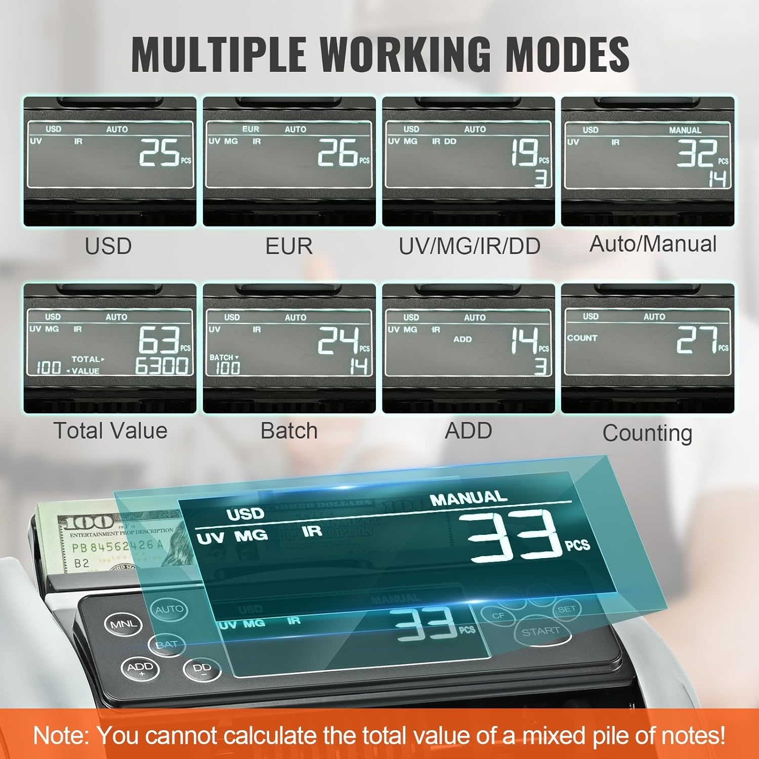 VEVOR USD- en EUR-bankbiljettenteller, valse bankbiljettendetector, UV, MG, IR en DD, rekenmachine met groot lcd-display en extern display, voor kleine bedrijven, banken