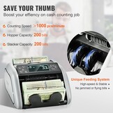 VEVOR USD- en EUR-bankbiljettenteller, valse bankbiljettendetector, UV, MG, IR en DD, rekenmachine met groot lcd-display en extern display, voor kleine bedrijven, banken