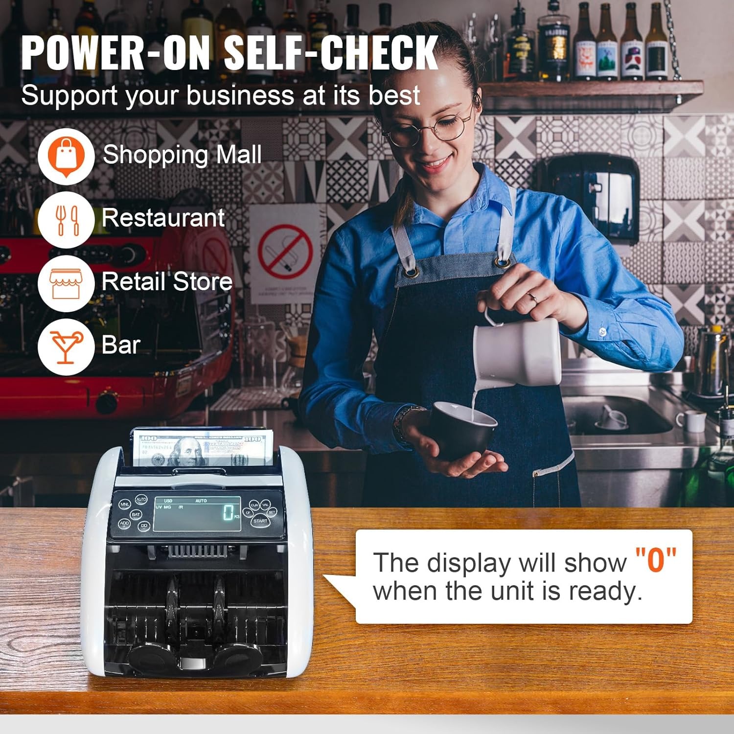VEVOR USD- en EUR-bankbiljettenteller, valse bankbiljettendetector, UV, MG, IR en DD, rekenmachine met groot lcd-display en extern display, voor kleine bedrijven, banken