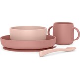 Suavinex, Siliconen servies, met zuignap, 4-delig, kom + bord + mok + lepel, antislip, stapelbaar, vaatwasmachinebestendig en magnetronbestendig. + 4 maanden. Roze