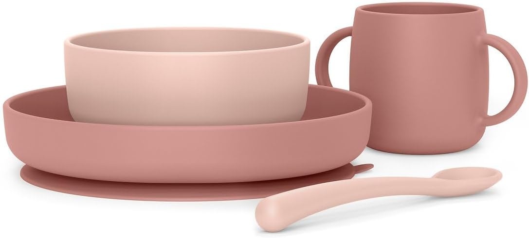 Suavinex, Siliconen servies, met zuignap, 4-delig, kom + bord + mok + lepel, antislip, stapelbaar, vaatwasmachinebestendig en magnetronbestendig. + 4 maanden. Roze