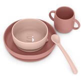 Suavinex, Siliconen servies, met zuignap, 4-delig, kom + bord + mok + lepel, antislip, stapelbaar, vaatwasmachinebestendig en magnetronbestendig. + 4 maanden. Roze
