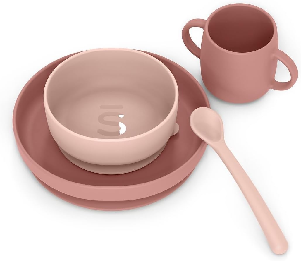 Suavinex, Siliconen servies, met zuignap, 4-delig, kom + bord + mok + lepel, antislip, stapelbaar, vaatwasmachinebestendig en magnetronbestendig. + 4 maanden. Roze