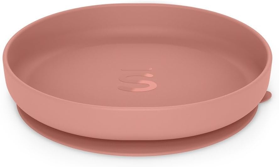 Suavinex, Siliconen servies, met zuignap, 4-delig, kom + bord + mok + lepel, antislip, stapelbaar, vaatwasmachinebestendig en magnetronbestendig. + 4 maanden. Roze
