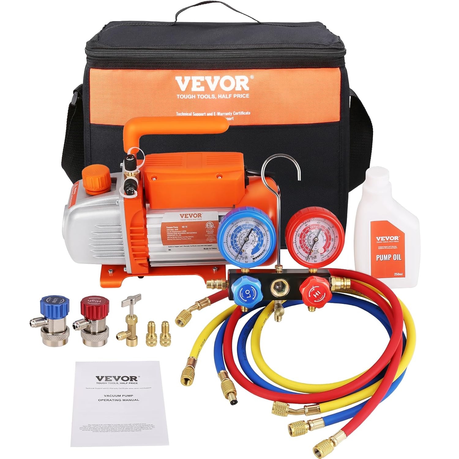 VEVOR Vacuümpomp Set 100 L/min voor Airconditioning en Koelsystemen - Inclusief Manometer en Slangen