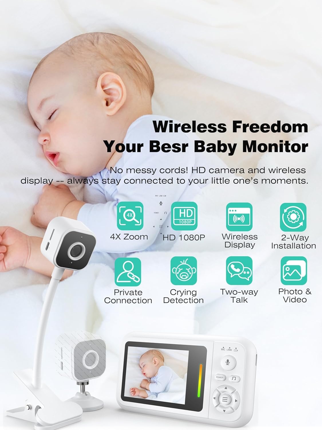 NUOTUN Babyfoon met camera met nachtzicht, temperatuuralarm en 2,4G draadloze verbindingstechnologie (62B-C)