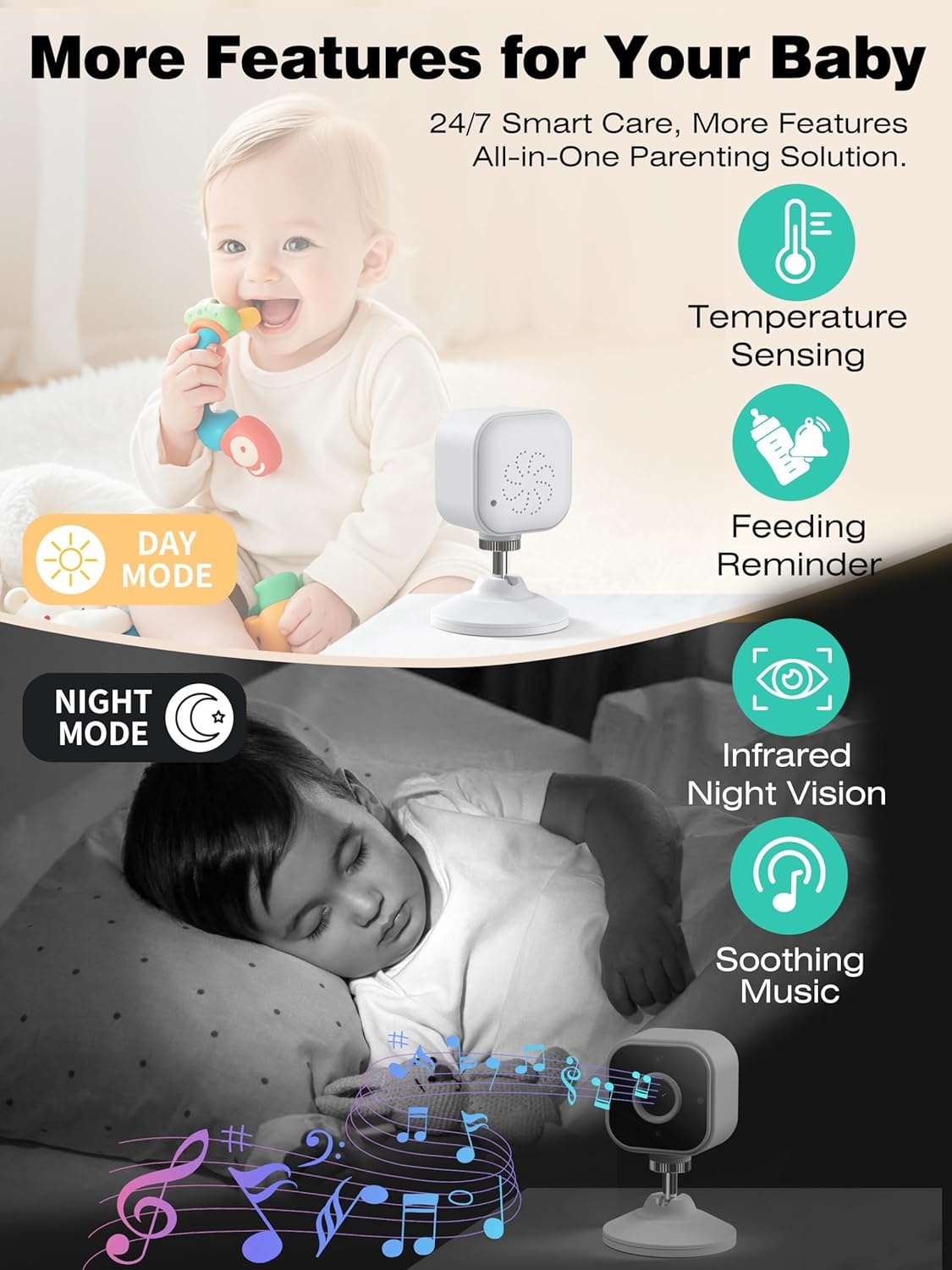 NUOTUN Babyfoon met camera met nachtzicht, temperatuuralarm en 2,4G draadloze verbindingstechnologie (62B-C)