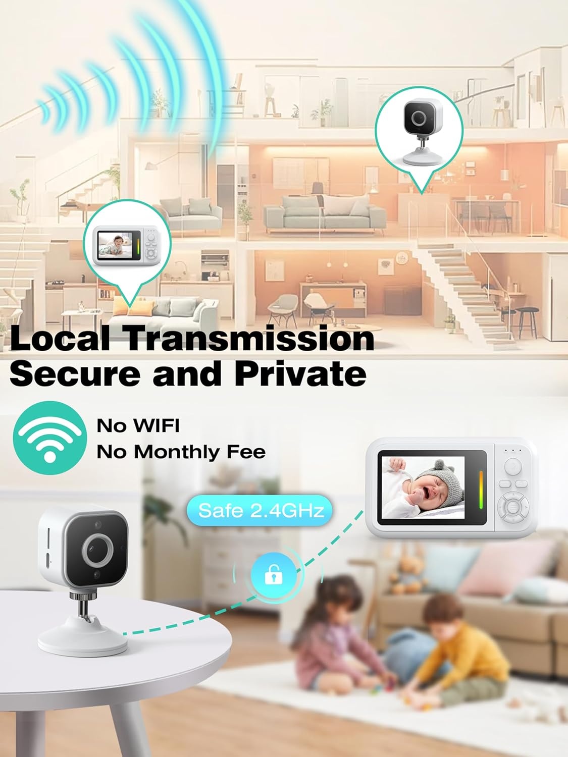 NUOTUN Babyfoon met camera met nachtzicht, temperatuuralarm en 2,4G draadloze verbindingstechnologie (62B-C)