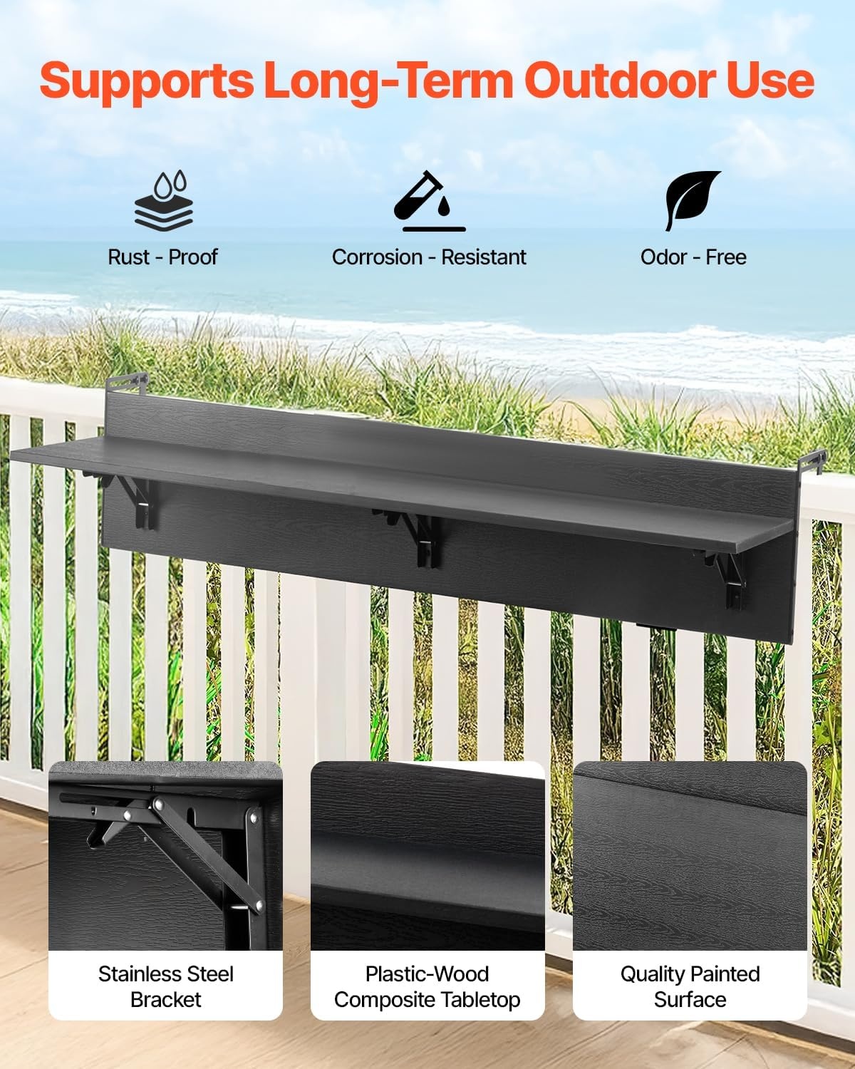 VEVOR Inklapbare Balkontafel 30,5 x 122 cm - Zwart - Ruimtebesparende Hangtafel voor Buiten