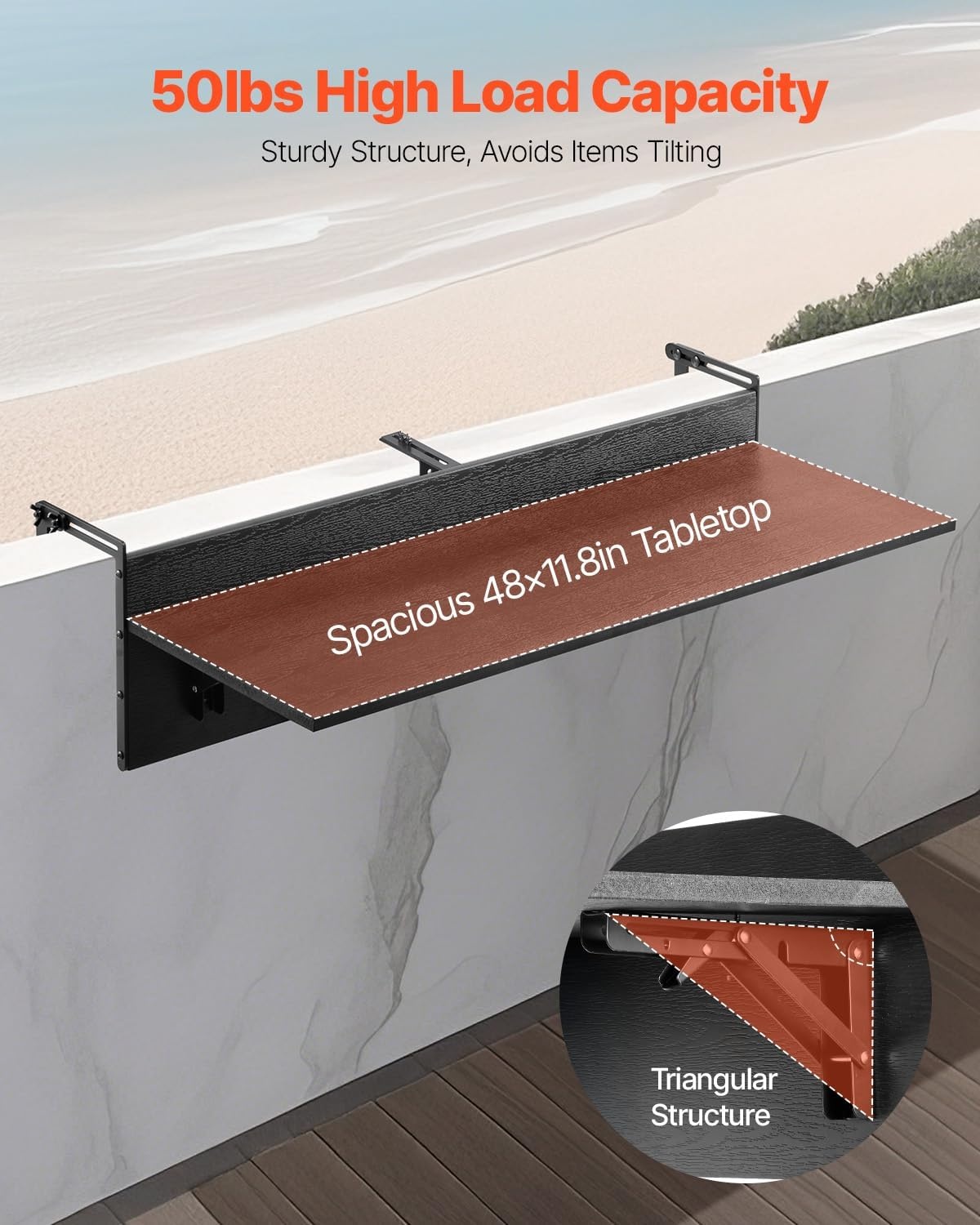 VEVOR Inklapbare Balkontafel 30,5 x 122 cm - Zwart - Ruimtebesparende Hangtafel voor Buiten