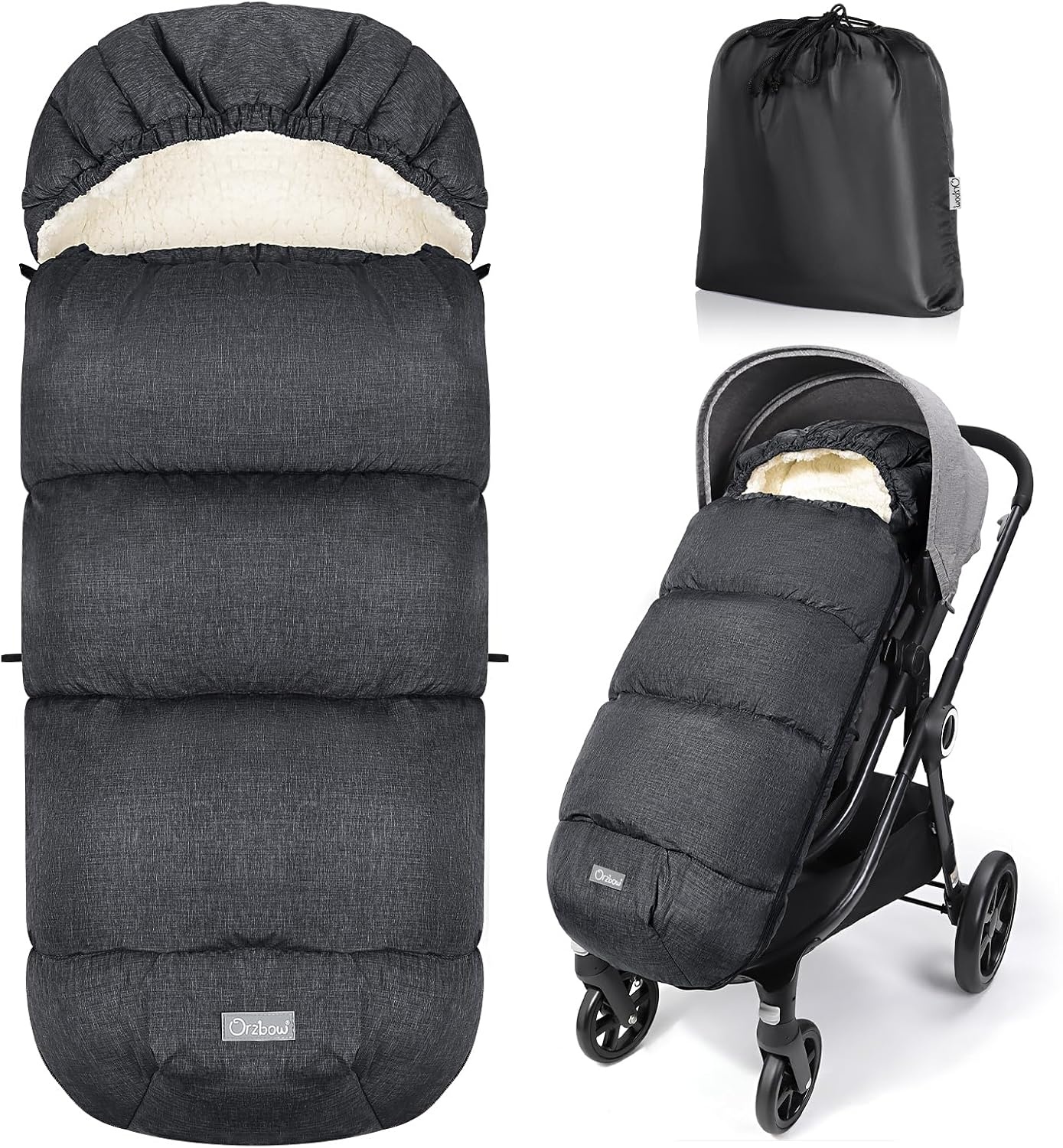 Orzbow Voetenzak voor Kinderwagens, Waterdichte Voetenzak voor Baby Buggy Kinderwagen met Verstelbare Kap, Sherpa Fleece Voering, Machine Wasbaar en Verwijderbare Voeringen voor Kinderwagen, Donkergri