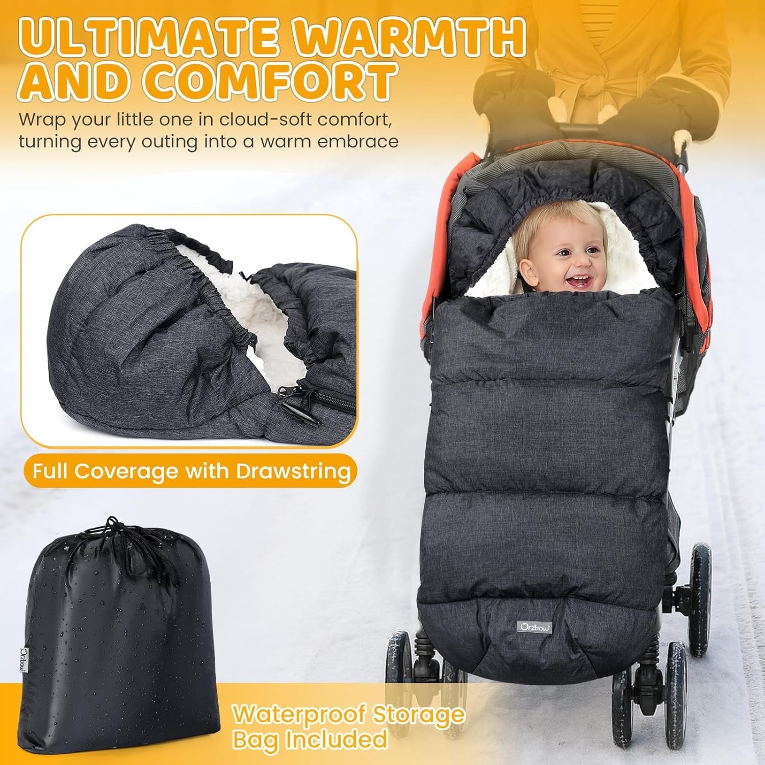 Orzbow Voetenzak voor Kinderwagens, Waterdichte Voetenzak voor Baby Buggy Kinderwagen met Verstelbare Kap, Sherpa Fleece Voering, Machine Wasbaar en Verwijderbare Voeringen voor Kinderwagen, Donkergri