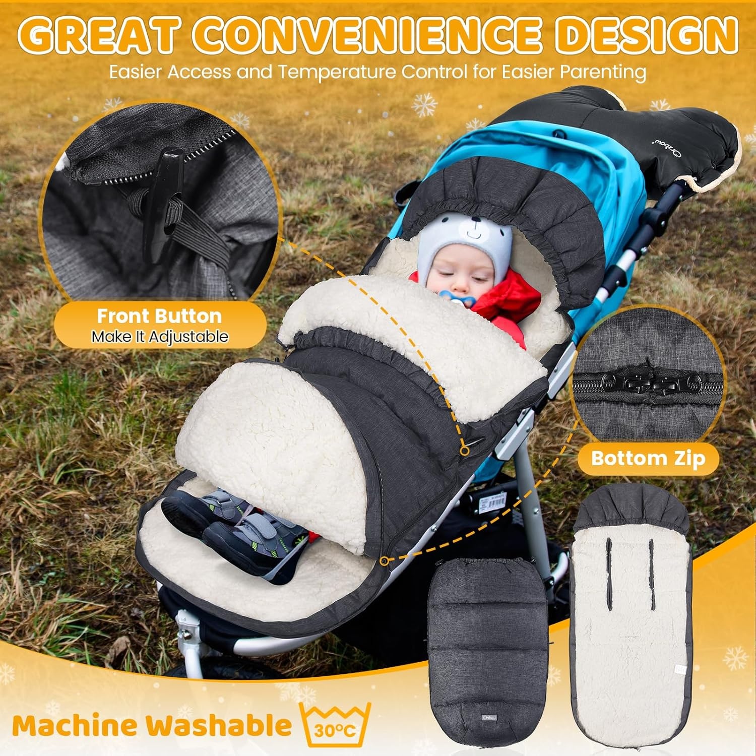 Orzbow Voetenzak voor Kinderwagens, Waterdichte Voetenzak voor Baby Buggy Kinderwagen met Verstelbare Kap, Sherpa Fleece Voering, Machine Wasbaar en Verwijderbare Voeringen voor Kinderwagen, Donkergri