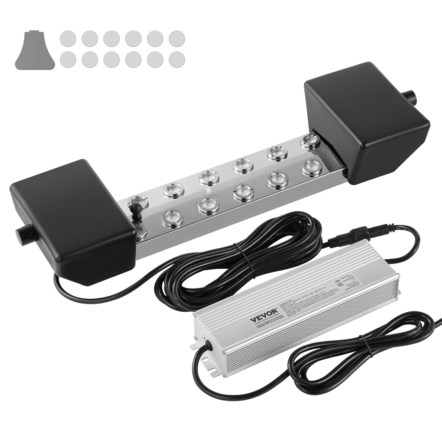 VEVOR 12 koppen ultrasone vernevelaar, 9000 ml/h, IP67 waterdichte mistfabrikant met 300 W voeding, boei, reserveschijven, voor vijver, tuin, rotstuin, kas, Halloween-decoratie