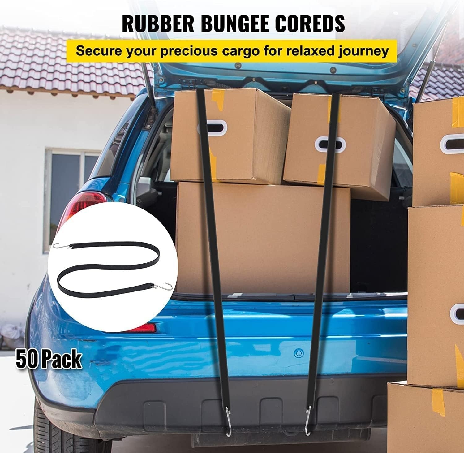 VEVOR 50 stuks platte bungee-koord, 19,8 mm, zware bungee-riemen met stalen S-haken, 53,3 cm elastisch bungee-touw voor vracht, dekzeilen, vrachtwagens en tent, zwart - Maat 53 x 2 x 0.5 cm