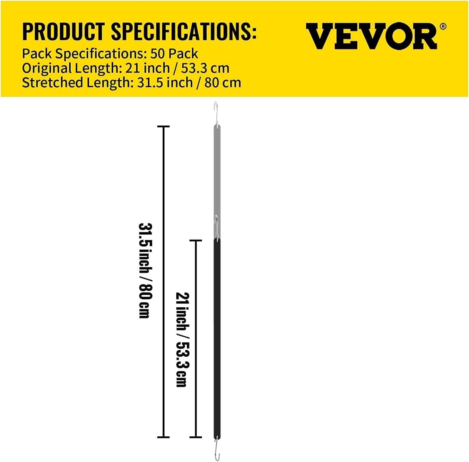 VEVOR 50 stuks platte bungee-koord, 19,8 mm, zware bungee-riemen met stalen S-haken, 53,3 cm elastisch bungee-touw voor vracht, dekzeilen, vrachtwagens en tent, zwart - Maat 53 x 2 x 0.5 cm