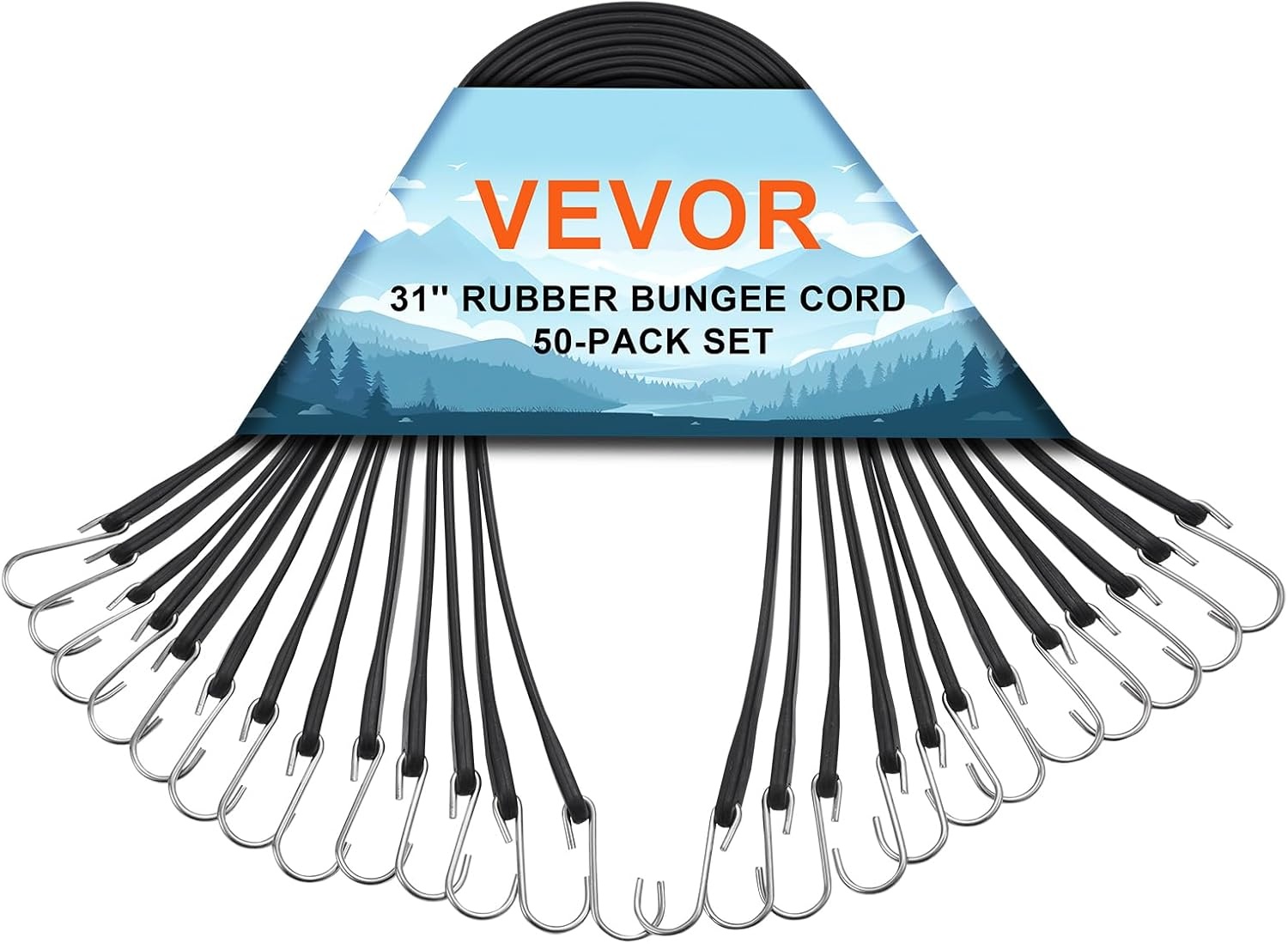 VEVOR 50 stuks platte bungee-koord, 19,8 mm, zware bungee-riemen met stalen S-haken, 53,3 cm elastisch bungee-touw voor vracht, dekzeilen, vrachtwagens en tent, zwart - Maat 53 x 2 x 0.5 cm