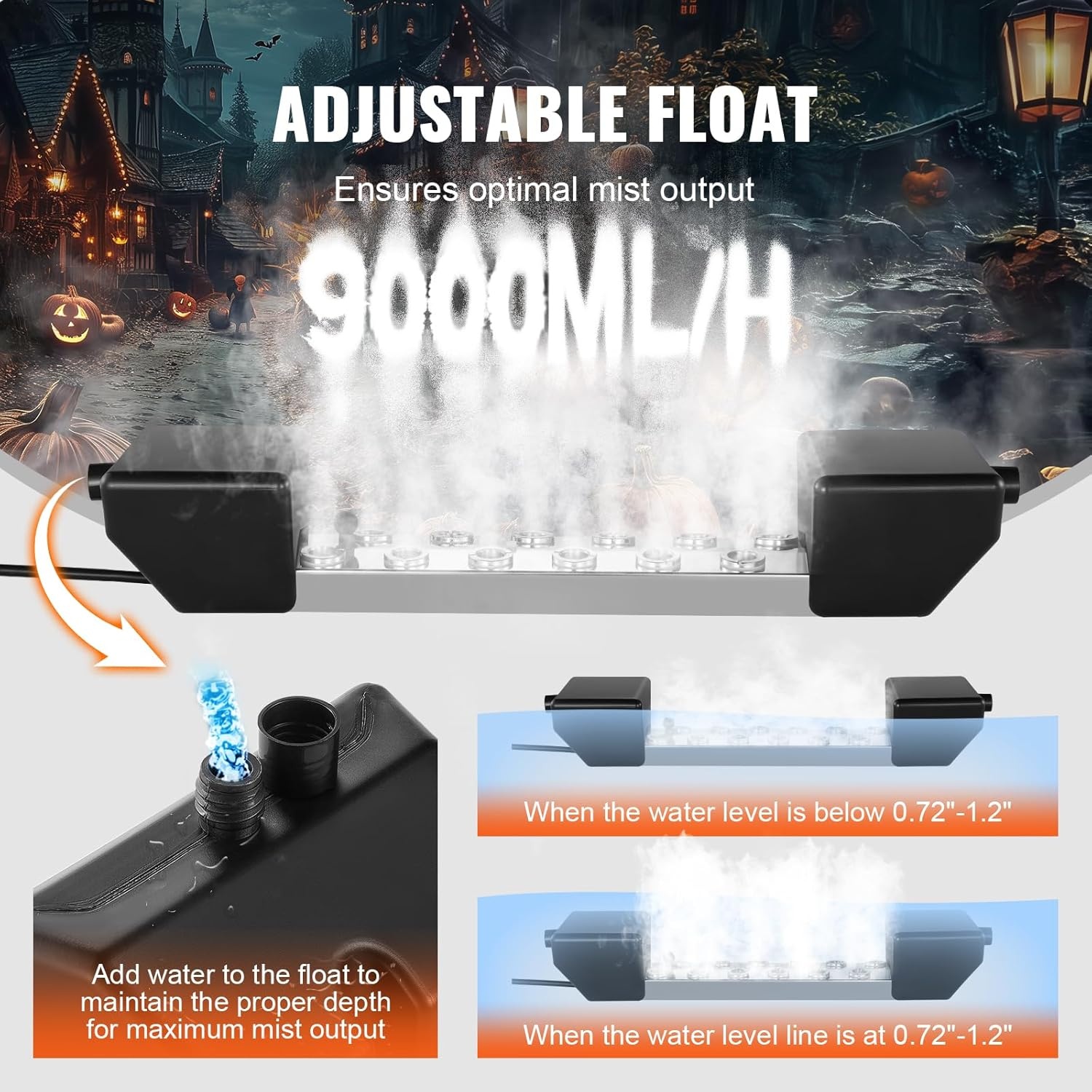 VEVOR 12 koppen ultrasone vernevelaar, 9000 ml/h, IP67 waterdichte mistfabrikant met 300 W voeding, boei, reserveschijven, voor vijver, tuin, rotstuin, kas, Halloween-decoratie