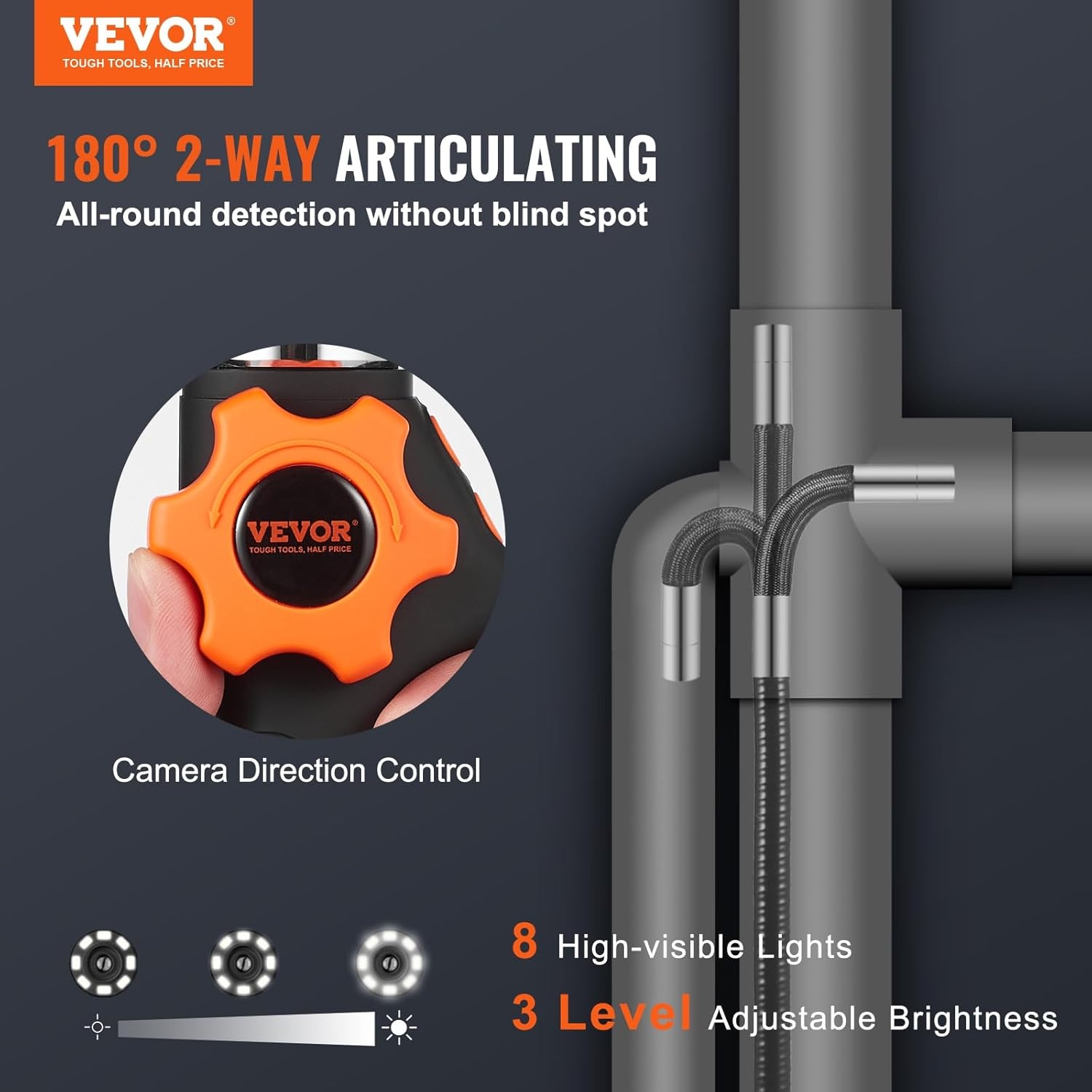 VEVOR Industriële endoscoop, digitale boroscoop-inspectiecamera, endoscoopcamera, 1080p HD, met waterdichte camera, 6,4 mm, IP67 kanaalcamera met 5 inch scherm, 0-180 graden bidirectionele 4500
