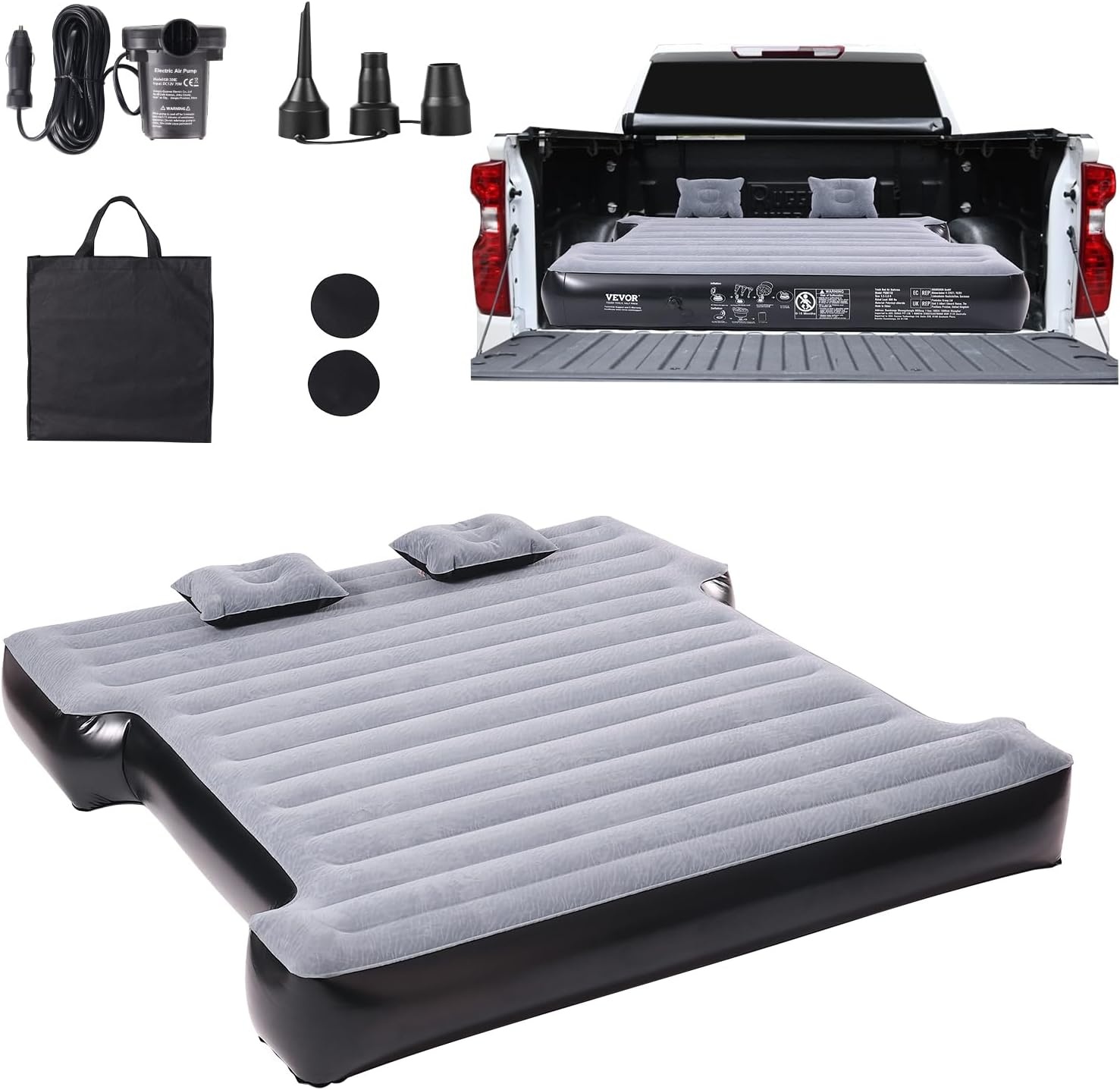 VEVOR Luchtbed voor Pickup Truck - 170-180 cm - Zwart - Inclusief 12V Pomp en 2 Kussens