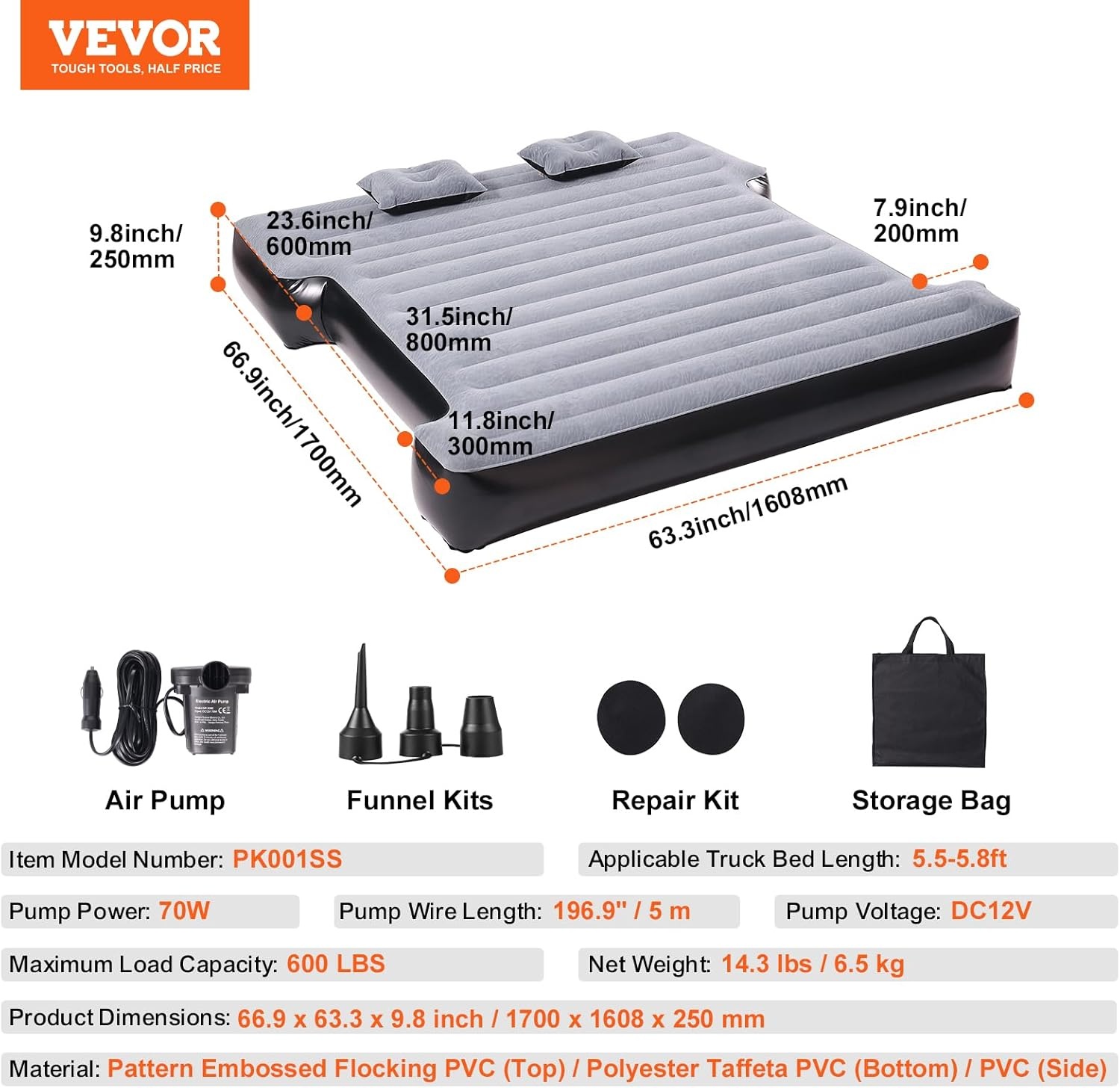 VEVOR Luchtbed voor Pickup Truck - 170-180 cm - Zwart - Inclusief 12V Pomp en 2 Kussens