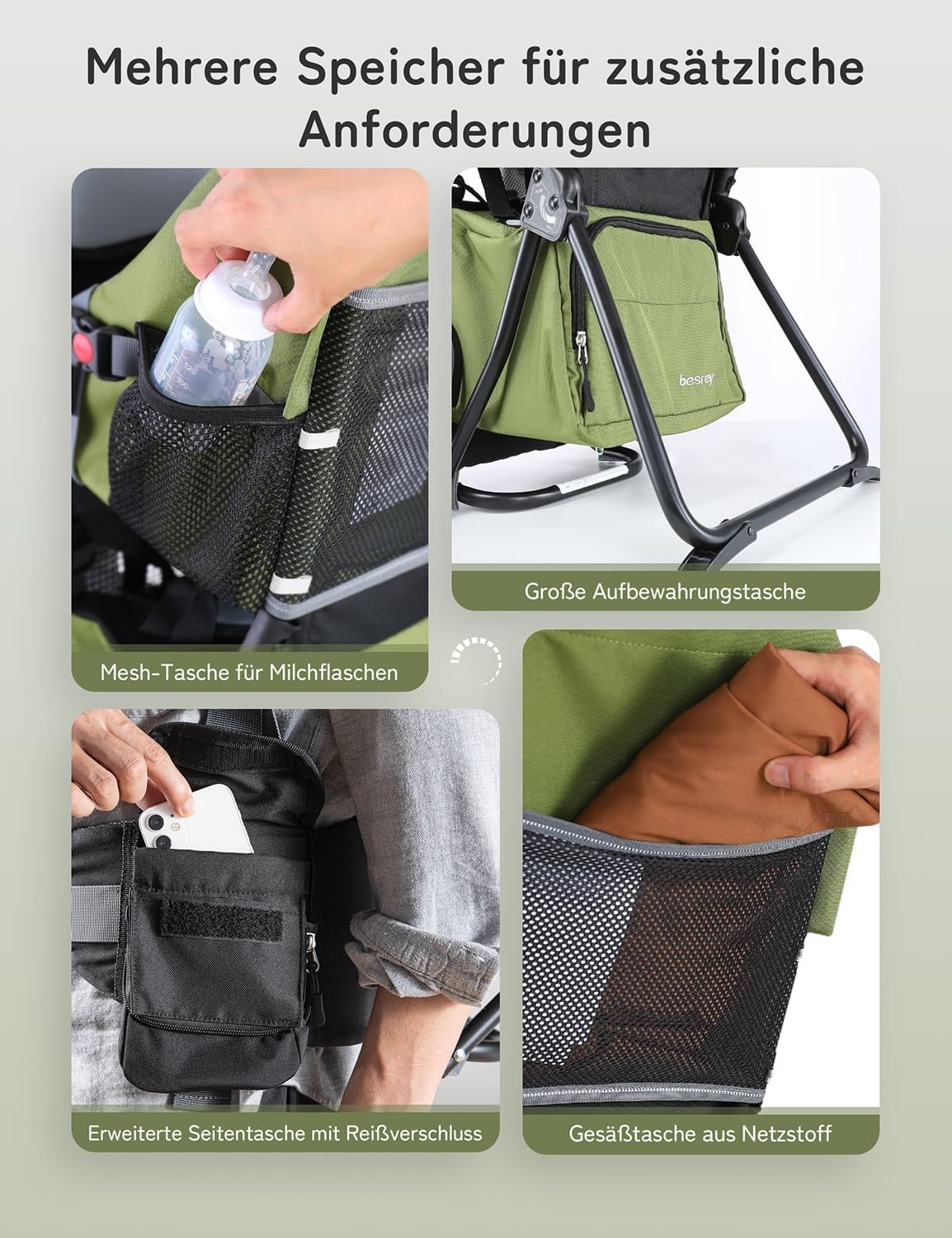 besrey Kraxe kinderdrager met opbergtas, draagbare kinderstoel voor op reis, Kraxe rugdrager om te wandelen voor 6-36 maanden, draagstoel tot 18 kg, inklapbaar (legergroen)