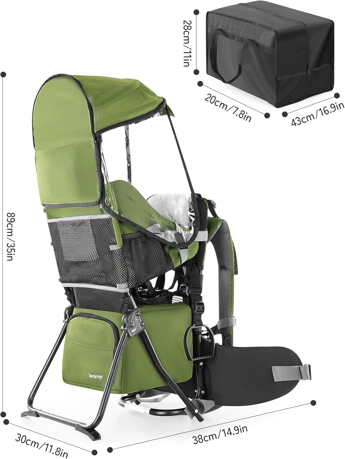 besrey Kraxe kinderdrager met opbergtas, draagbare kinderstoel voor op reis, Kraxe rugdrager om te wandelen voor 6-36 maanden, draagstoel tot 18 kg, inklapbaar (legergroen)