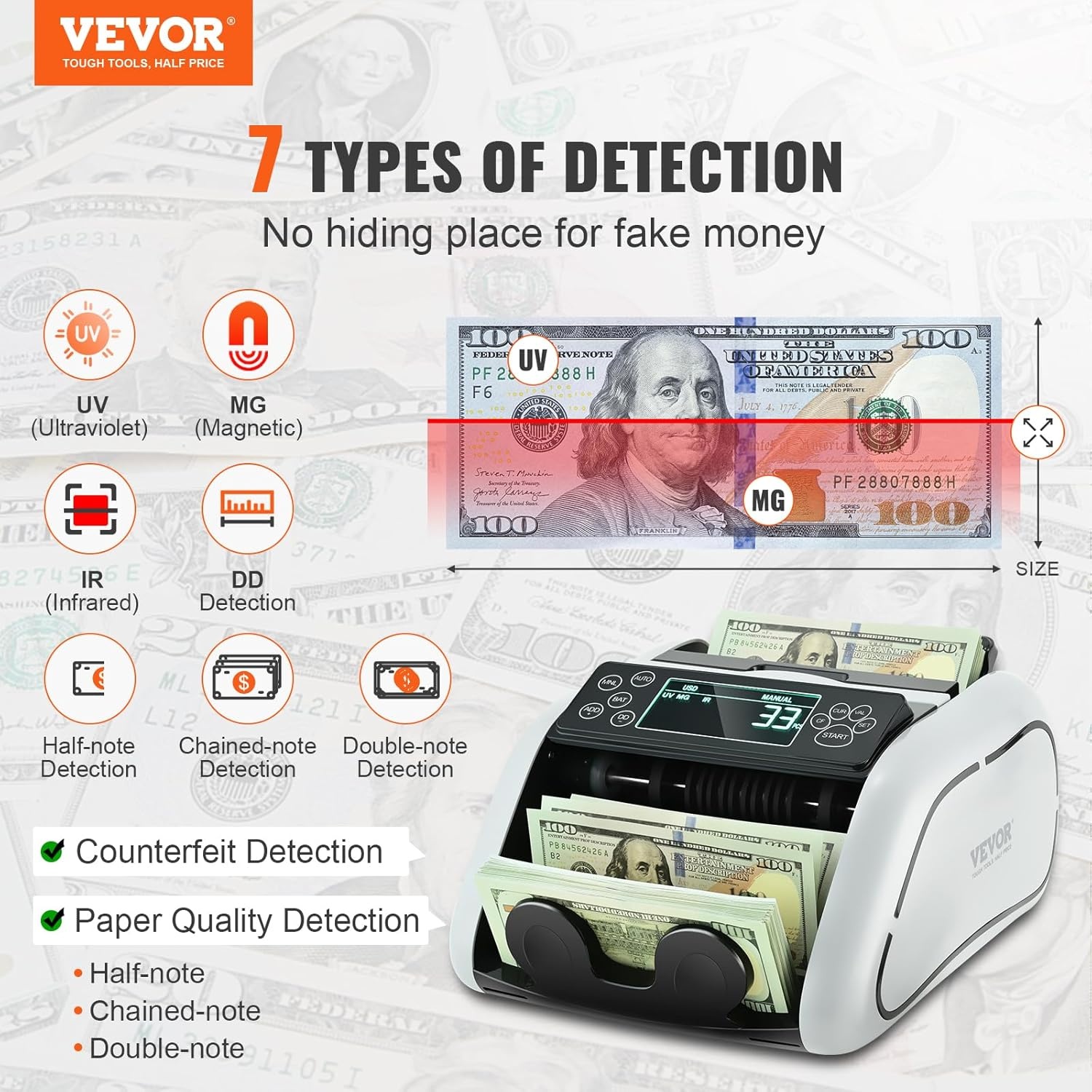 VEVOR USD- en EUR-bankbiljettenteller, valse bankbiljettendetector, UV, MG, IR en DD, rekenmachine met groot lcd-display en extern display, voor kleine bedrijven, banken