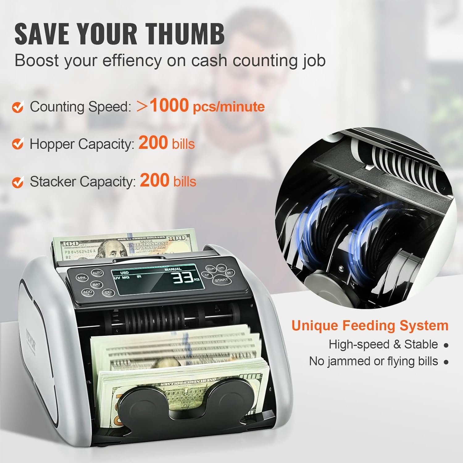 VEVOR USD- en EUR-bankbiljettenteller, valse bankbiljettendetector, UV, MG, IR en DD, rekenmachine met groot lcd-display en extern display, voor kleine bedrijven, banken