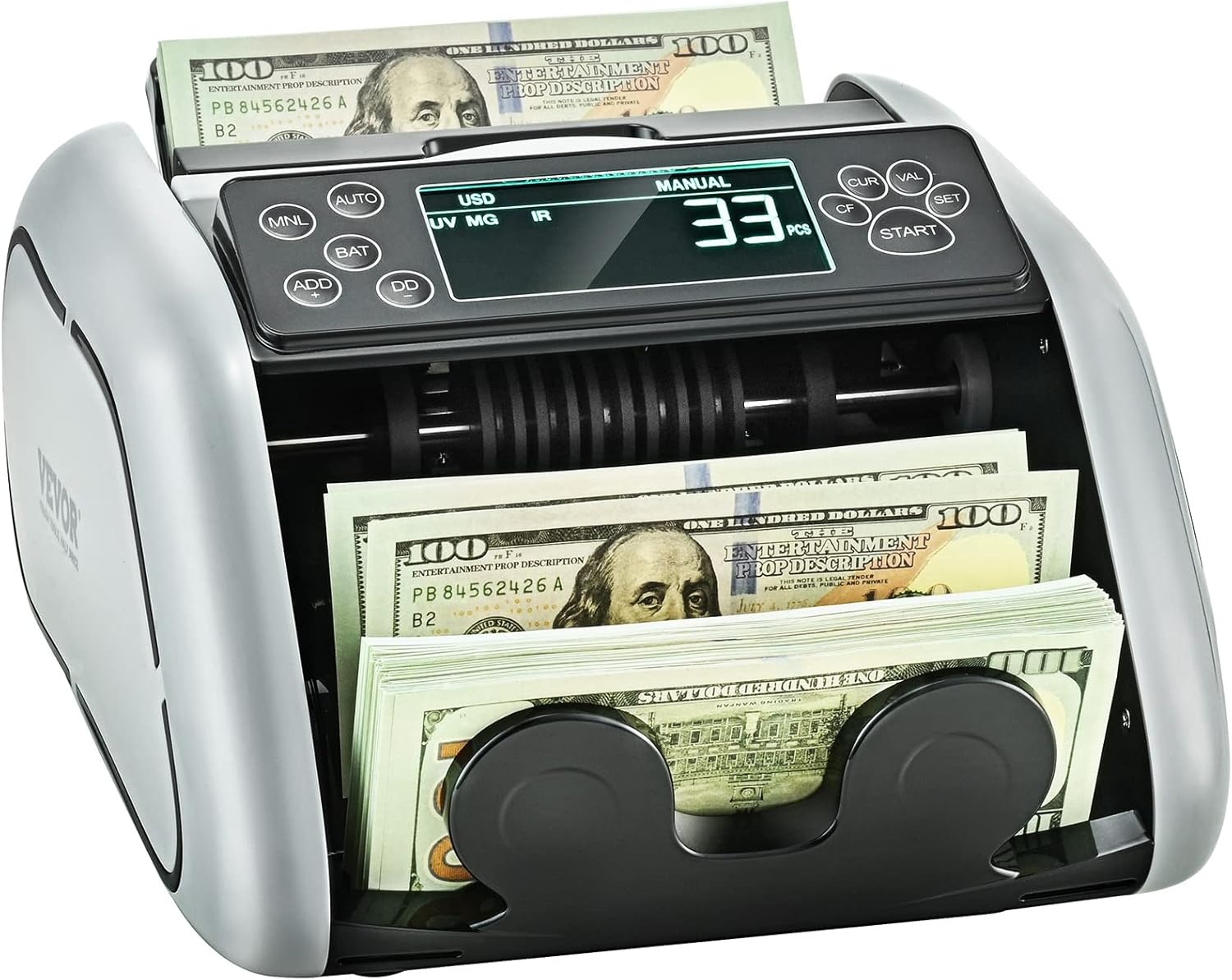 VEVOR USD- en EUR-bankbiljettenteller, valse bankbiljettendetector, UV, MG, IR en DD, rekenmachine met groot lcd-display en extern display, voor kleine bedrijven, banken