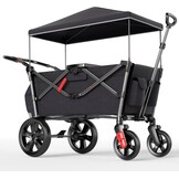 EVER ADVANCED Wagon voor kinderen om in te zitten, kinderwagenwagen voor 2 kinderen met afneembare luifel, trek mee met stoelen 5-punts harnassen, draagbare push-pull kar met handvat, zwart