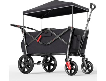 EVER ADVANCED Wagon voor kinderen om in te zitten, kinderwagenwagen voor 2 kinderen met afneembare luifel, trek mee met stoelen 5-punts harnassen, draagbare push-pull kar met handvat, zwart
