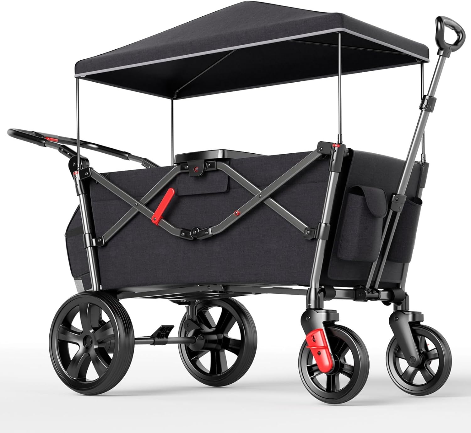 EVER ADVANCED Wagon voor kinderen om in te zitten, kinderwagenwagen voor 2 kinderen met afneembare luifel, trek mee met stoelen 5-punts harnassen, draagbare push-pull kar met handvat, zwart