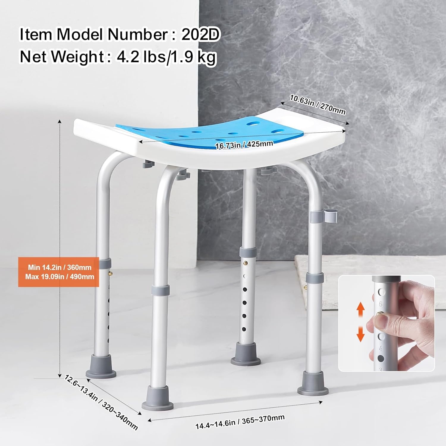 VEVOR Douchestoel, verstelbare hoogte douchekruk, douchezitting voor binnen douche of bad, antislip bank badkuip kruk stoel voor ouderen gehandicapten handicap, 350 lbs capaciteit