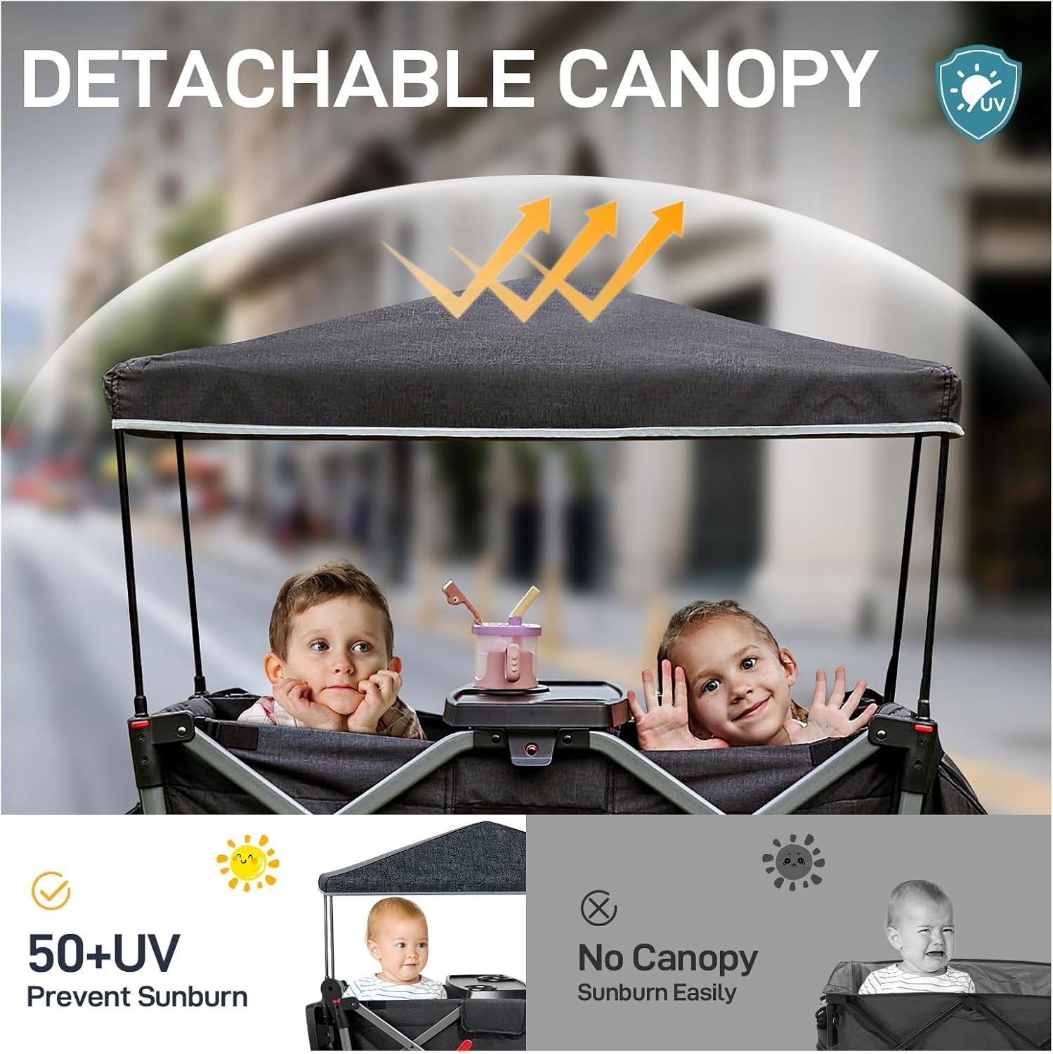 EVER ADVANCED Wagon voor kinderen om in te zitten, kinderwagenwagen voor 2 kinderen met afneembare luifel, trek mee met stoelen 5-punts harnassen, draagbare push-pull kar met handvat, zwart