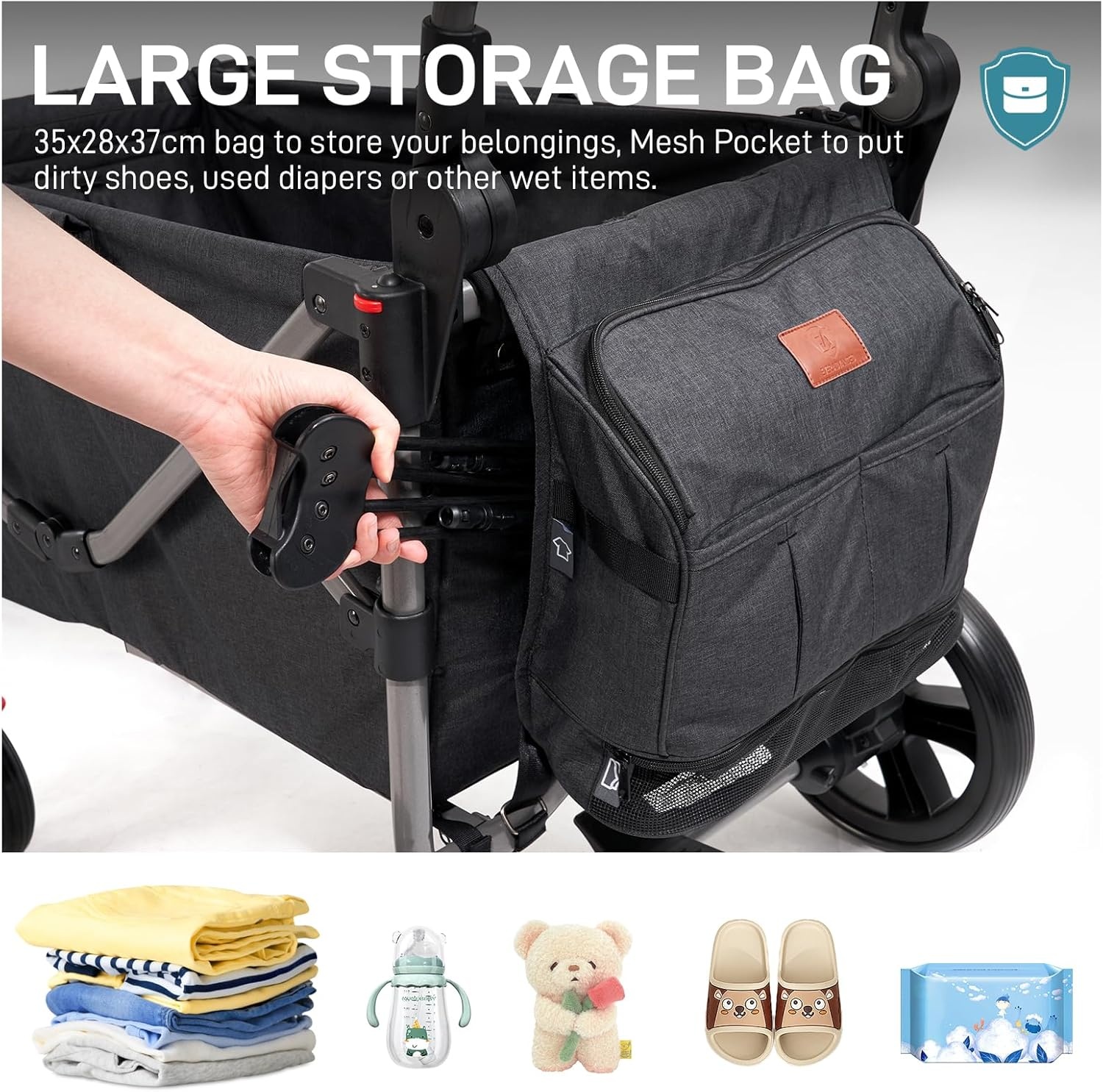 EVER ADVANCED Wagon voor kinderen om in te zitten, kinderwagenwagen voor 2 kinderen met afneembare luifel, trek mee met stoelen 5-punts harnassen, draagbare push-pull kar met handvat, zwart