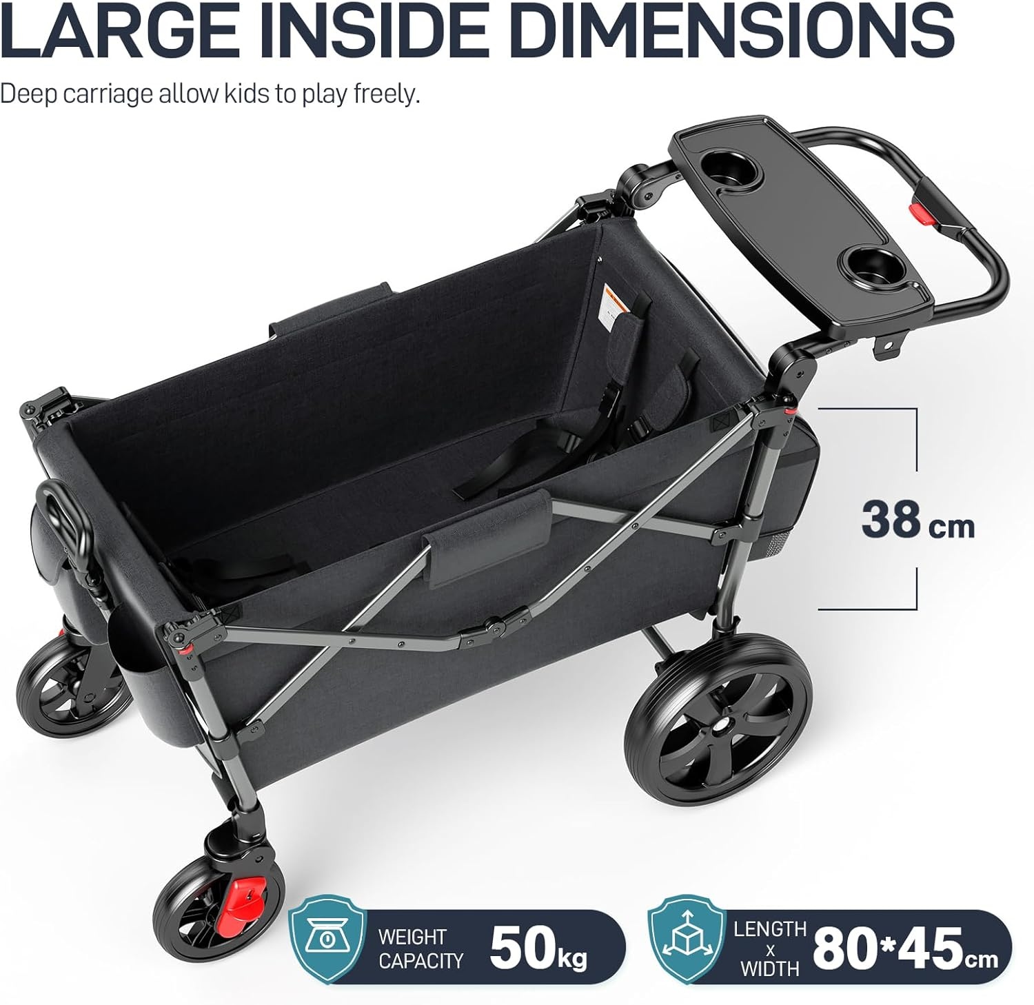 EVER ADVANCED Wagon voor kinderen om in te zitten, kinderwagenwagen voor 2 kinderen met afneembare luifel, trek mee met stoelen 5-punts harnassen, draagbare push-pull kar met handvat, zwart