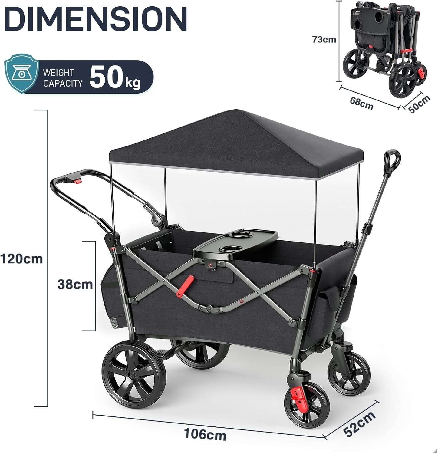 EVER ADVANCED Wagon voor kinderen om in te zitten, kinderwagenwagen voor 2 kinderen met afneembare luifel, trek mee met stoelen 5-punts harnassen, draagbare push-pull kar met handvat, zwart