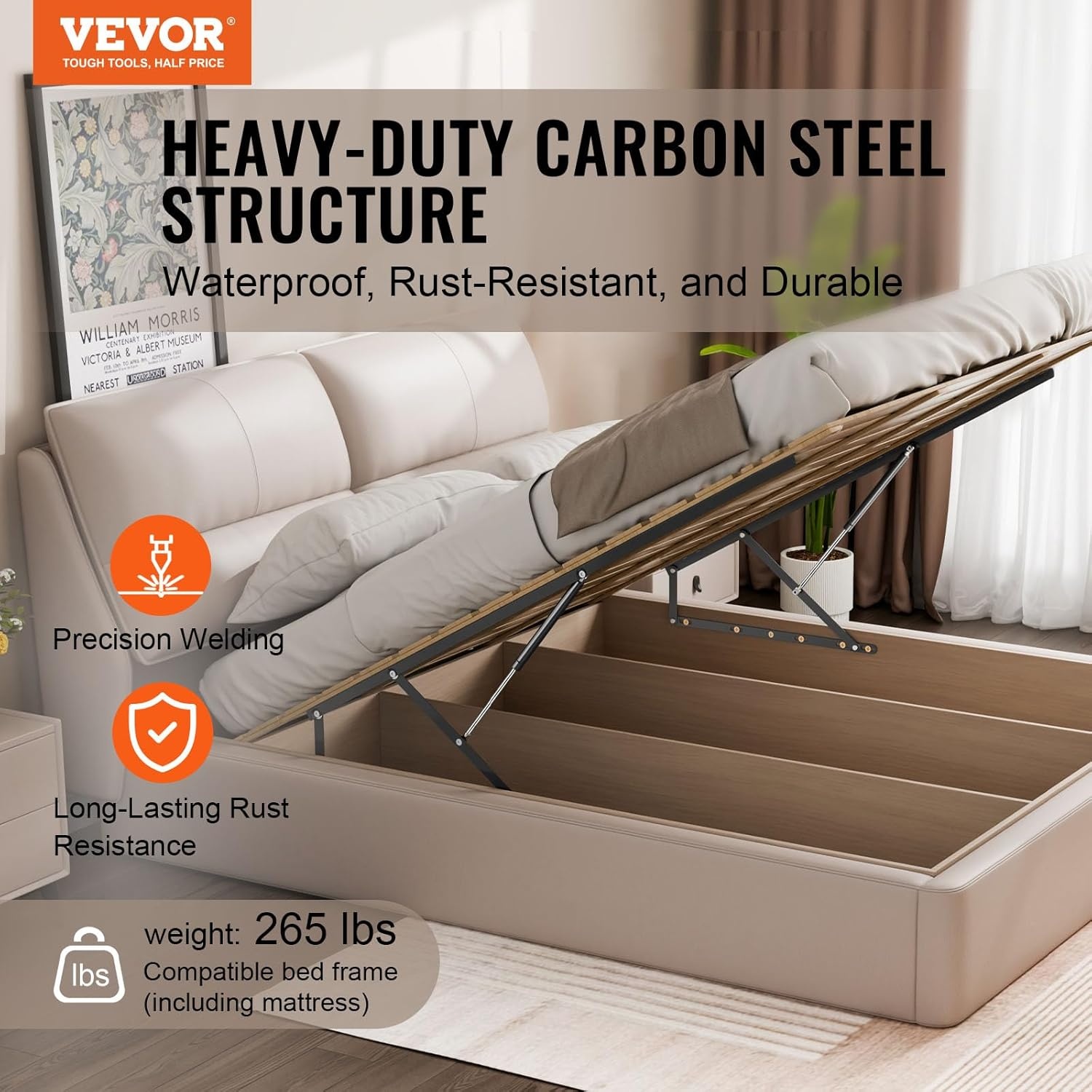 VEVOR Bedhefmechanisme, compatibele bedmaat 150 x 200 cm, robuuste bedhouder met pneumatische hendel, belasting 120 kg, scharnieren voor kofferbak, opvouwbaar wandbed voor logeerkamer