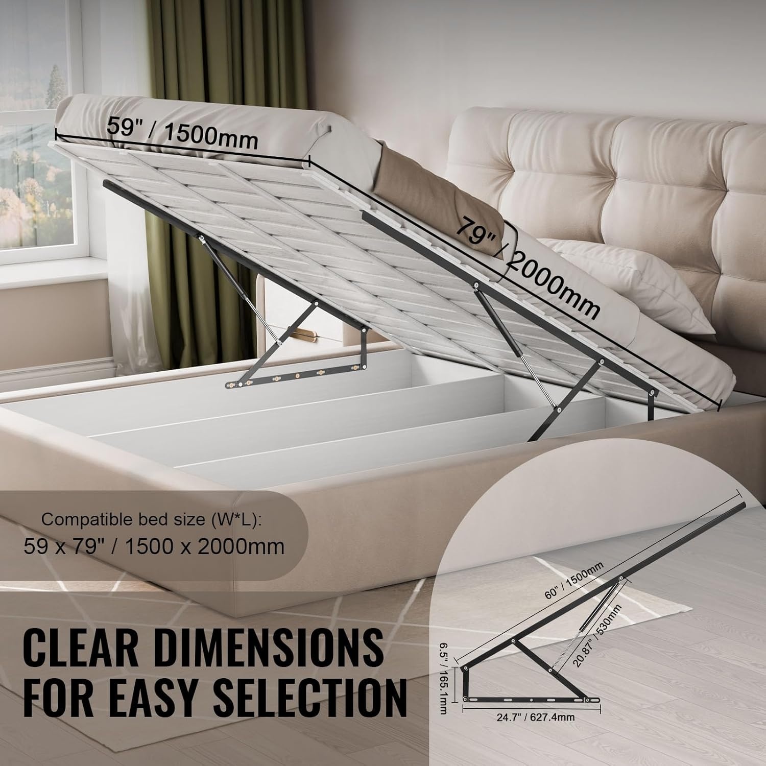 VEVOR Bedhefmechanisme, compatibele bedmaat 150 x 200 cm, robuuste bedhouder met pneumatische hendel, belasting 120 kg, scharnieren voor kofferbak, opvouwbaar wandbed voor logeerkamer