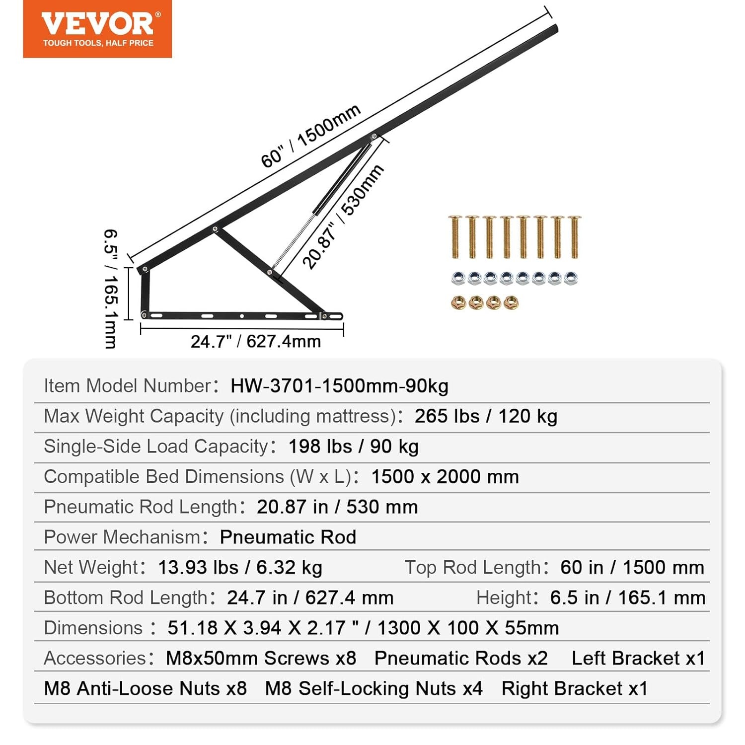 VEVOR Bedhefmechanisme, compatibele bedmaat 150 x 200 cm, robuuste bedhouder met pneumatische hendel, belasting 120 kg, scharnieren voor kofferbak, opvouwbaar wandbed voor logeerkamer