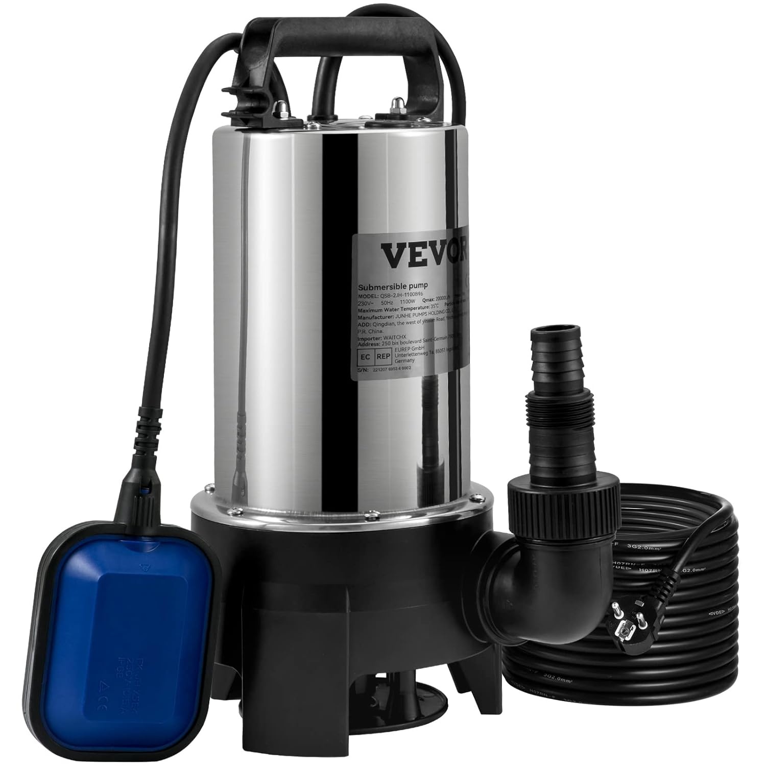 VEVOR Hefpomp voor geladen water, 1100 W, afvoerpomp voor geladen water, 333,3 l/min, vacuümpomp, zwembad, kelder, septische tank, met afvoeradapter voor het pompen van vuil afvalwater