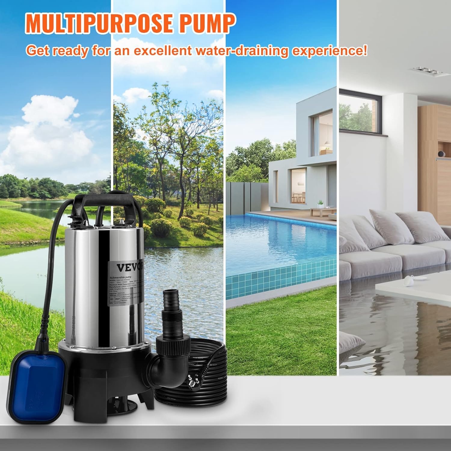 VEVOR Hefpomp voor geladen water, 1100 W, afvoerpomp voor geladen water, 333,3 l/min, vacuümpomp, zwembad, kelder, septische tank, met afvoeradapter voor het pompen van vuil afvalwater