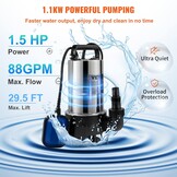 VEVOR Hefpomp voor geladen water, 1100 W, afvoerpomp voor geladen water, 333,3 l/min, vacuümpomp, zwembad, kelder, septische tank, met afvoeradapter voor het pompen van vuil afvalwater