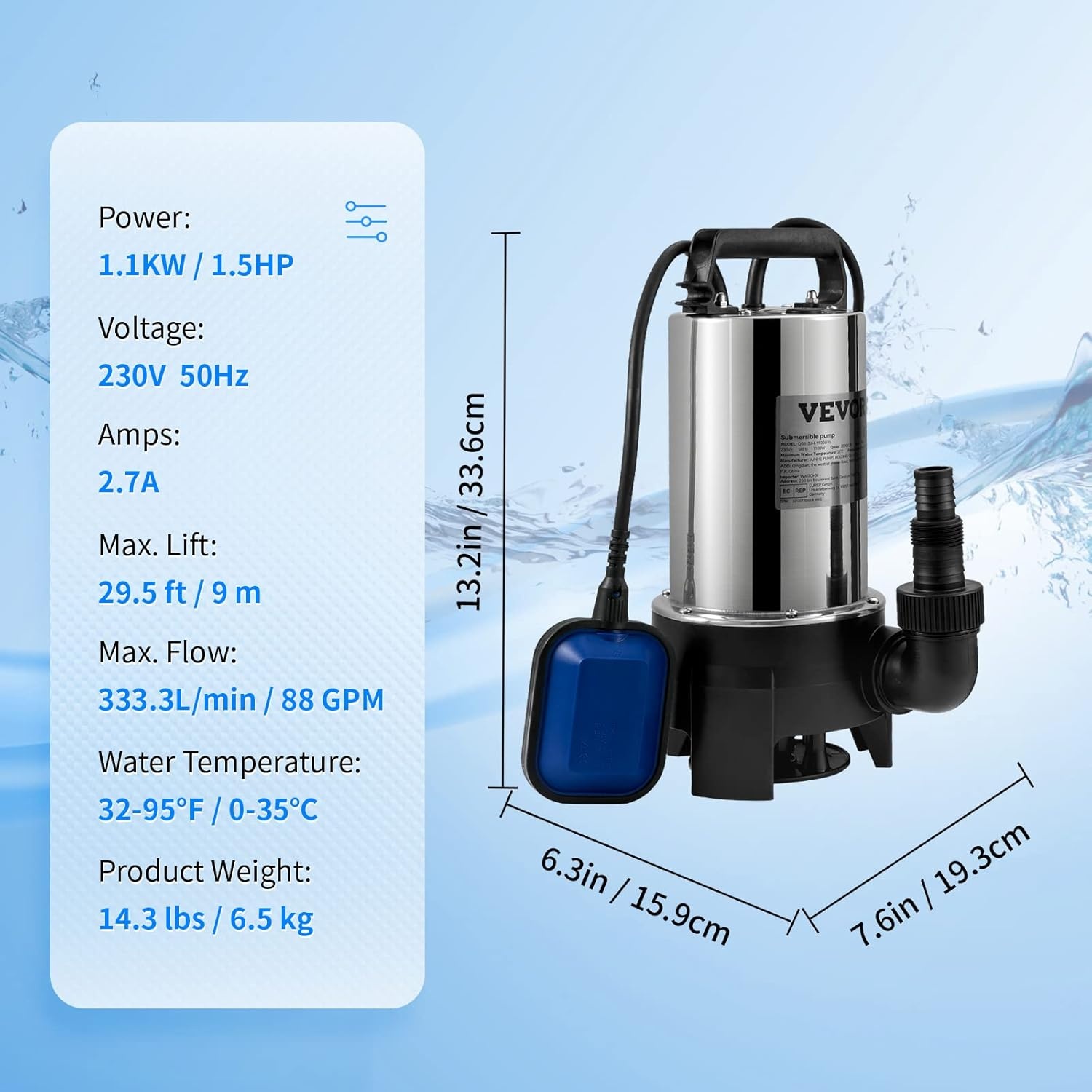 VEVOR Hefpomp voor geladen water, 1100 W, afvoerpomp voor geladen water, 333,3 l/min, vacuümpomp, zwembad, kelder, septische tank, met afvoeradapter voor het pompen van vuil afvalwater