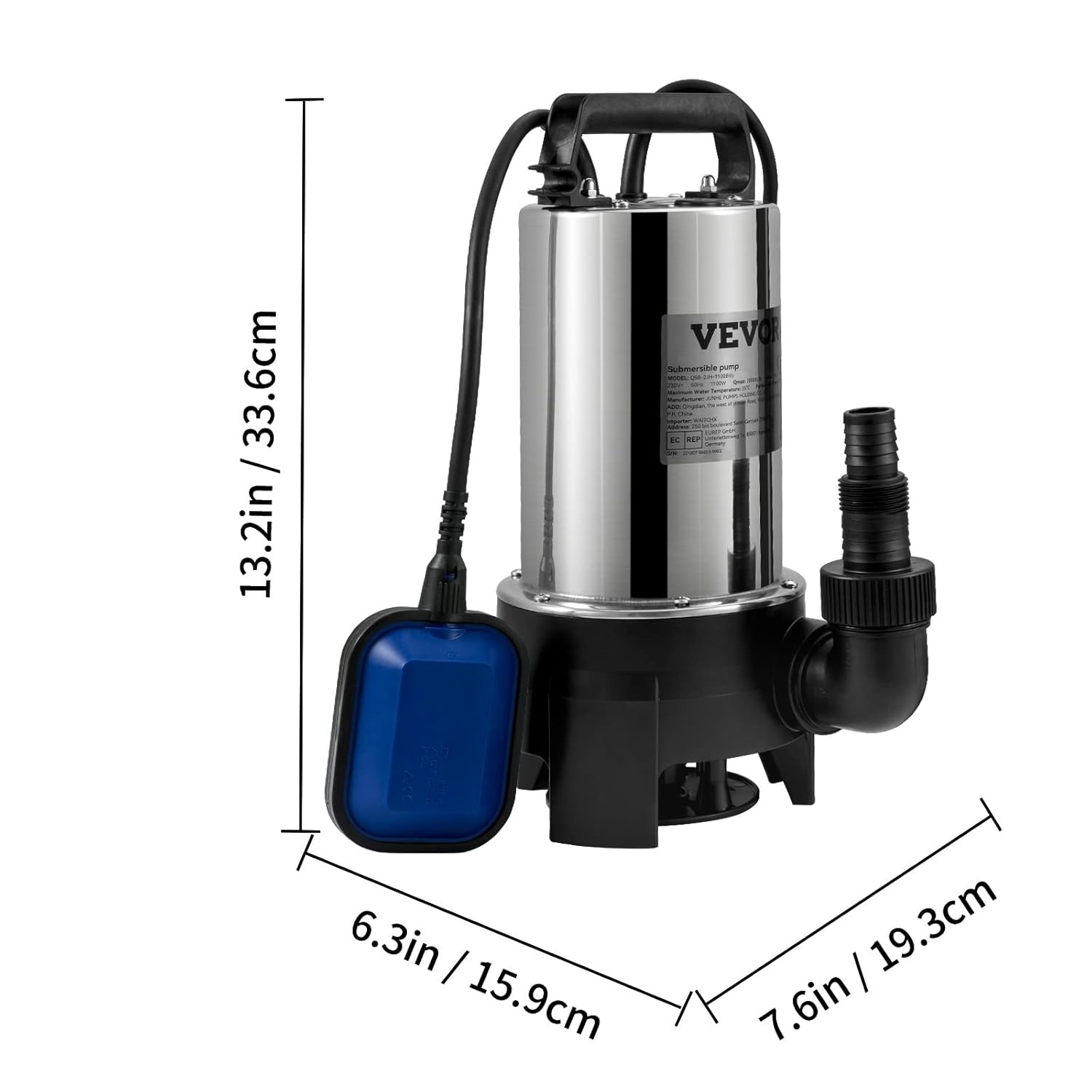 VEVOR Hefpomp voor geladen water, 1100 W, afvoerpomp voor geladen water, 333,3 l/min, vacuümpomp, zwembad, kelder, septische tank, met afvoeradapter voor het pompen van vuil afvalwater