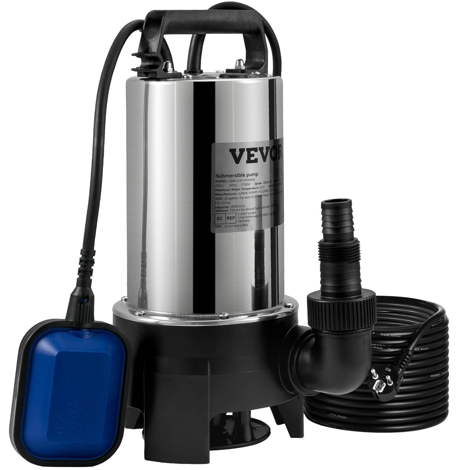 VEVOR Hefpomp voor geladen water, 1100 W, afvoerpomp voor geladen water, 333,3 l/min, vacuümpomp, zwembad, kelder, septische tank, met afvoeradapter voor het pompen van vuil afvalwater