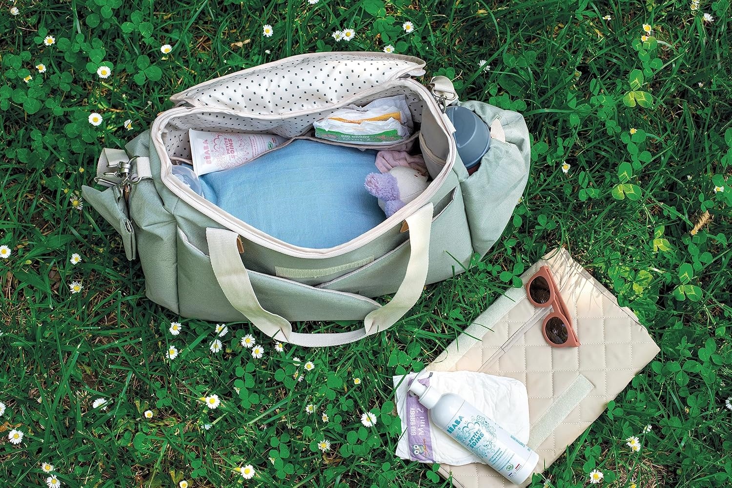 BÉABA, Sydney II Luiertas, modulair, grote capaciteit, meerdere vakken, cocoonruimte, geïsoleerde lunchtas, kinderwagenbevestigingssysteem, transporthandgrepen, saliegroen